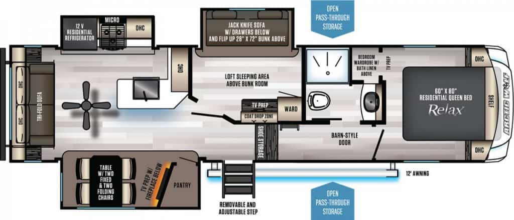 travel trailer with master bedroom slide and bunkhouse